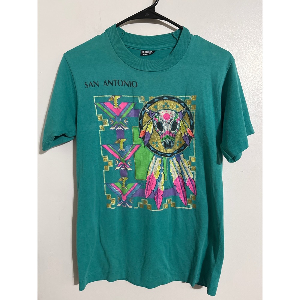 Vintage San Antonio Texas T-Shirt Teal Green Southwestern Steer Skull Glitter S